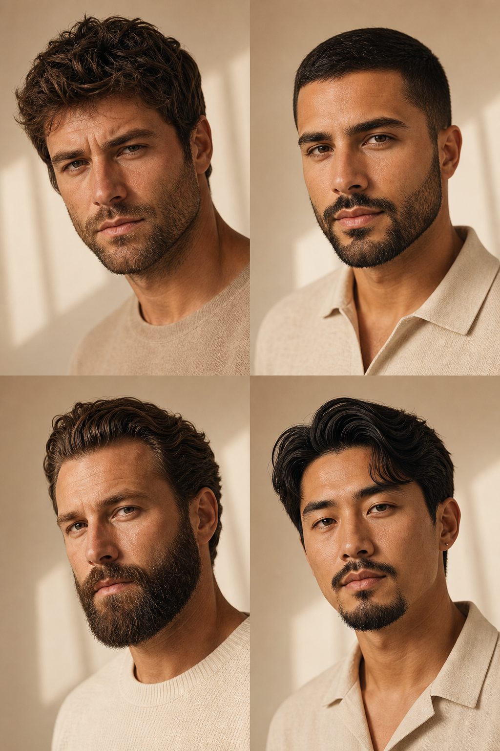 Four beard styles on four different face shapes — heavy stubble, short boxed, full beard and goatee