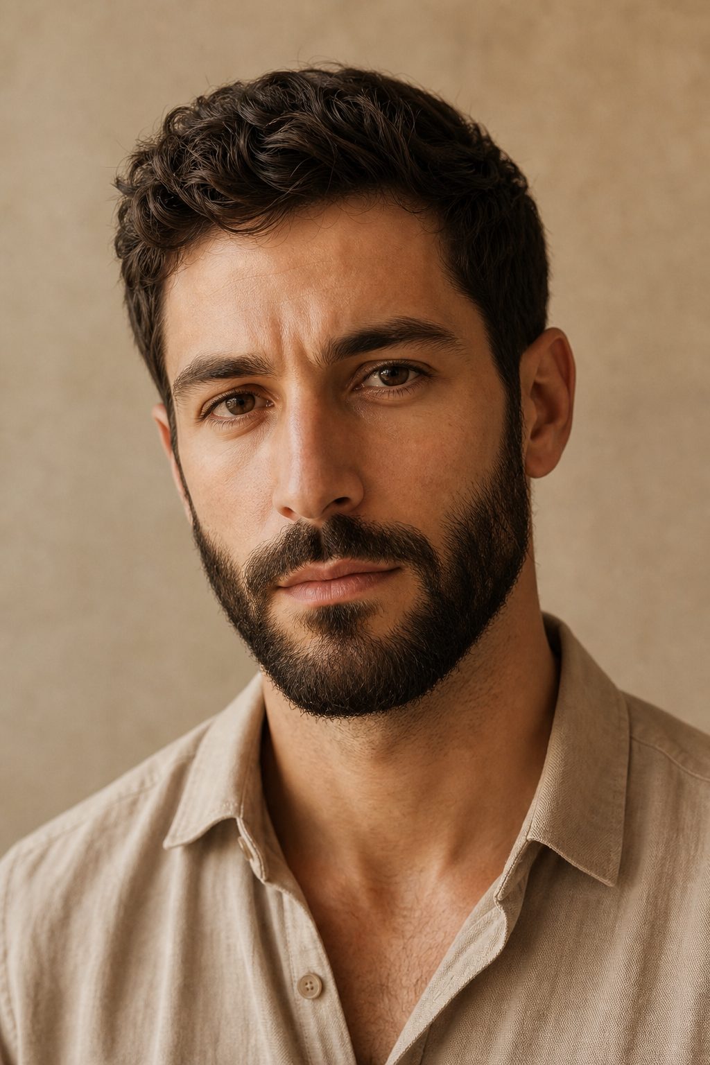 Short full beard with full cheeks balancing a long face — AI try-on render