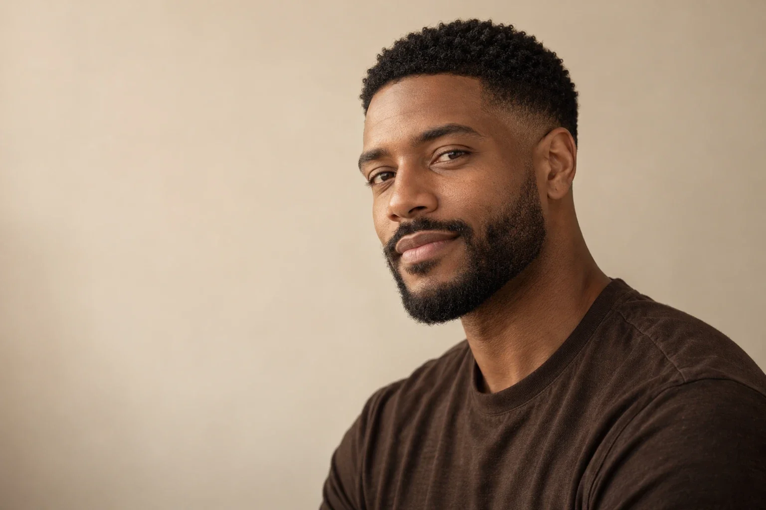 Editorial AI portrait with a textured crop, low taper fade and short boxed beard