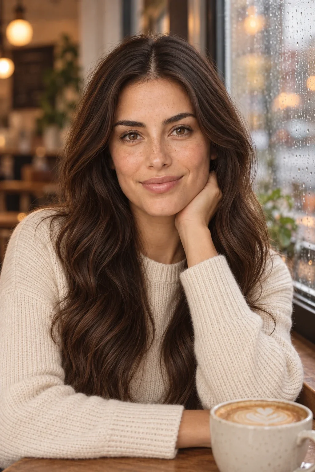 Illustrative AI profile picture: The same woman in a cream sweater at a warmly lit café window