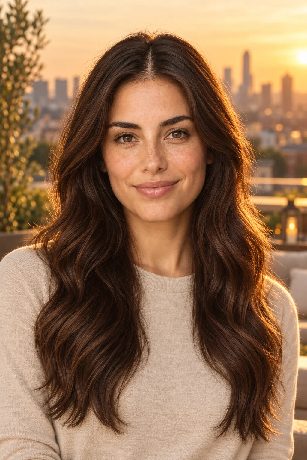 Illustrative AI profile picture: The same woman on a rooftop terrace in golden-hour light