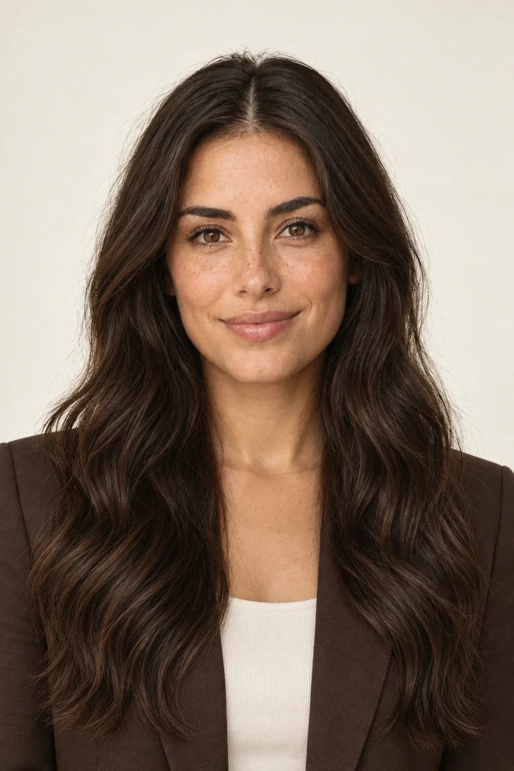 Illustrative AI profile picture: The same woman in a tailored blazer against an ivory studio backdrop